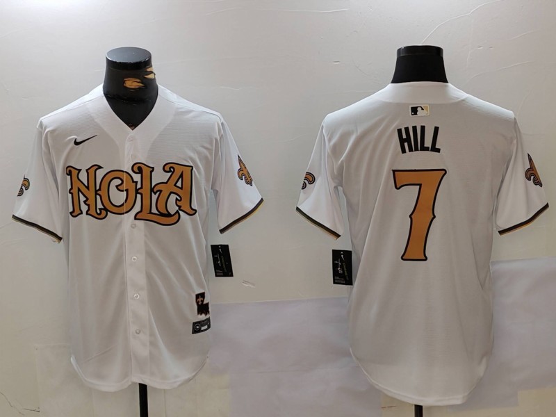 Men New Orleans Saints 7 Hill White Second generation Joint Name 2024 Nike Limited NFL Jersey style 1